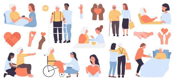 Care and support for senior people set vector illustration. Cartoon disabled grandmother sitting in wheelchair, caregiver and old man walking, hands giving heart isolated on white. Retirement concept